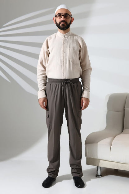 Men's Çınar Side Pocket, Elastic Waist Hajj and Umrah Cargo Pants, Earth - ihvan