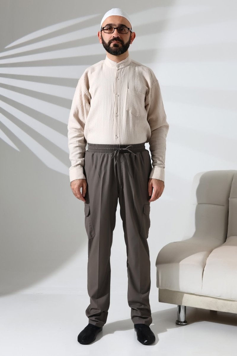 Men's Çınar Side Pocket, Elastic Waist Hajj and Umrah Cargo Pants, Earth - ihvan