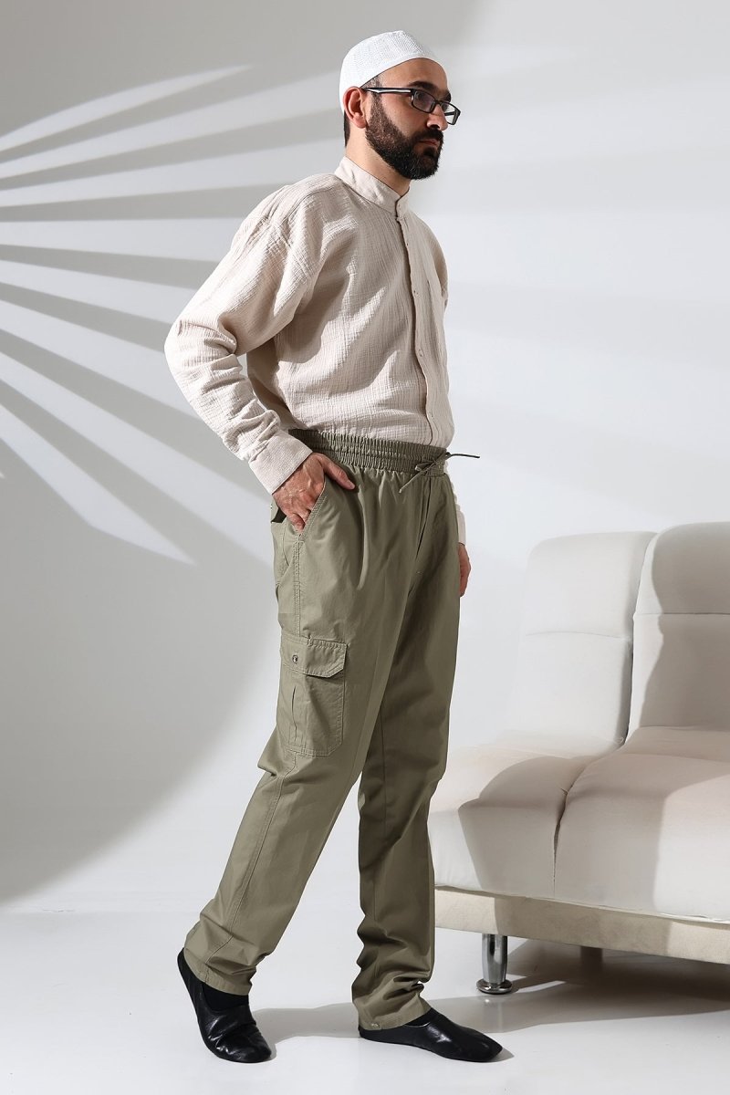Men's Çınar Side Pocket, Elastic Waist Hajj and Umrah Cargo Pants, Green - ihvan