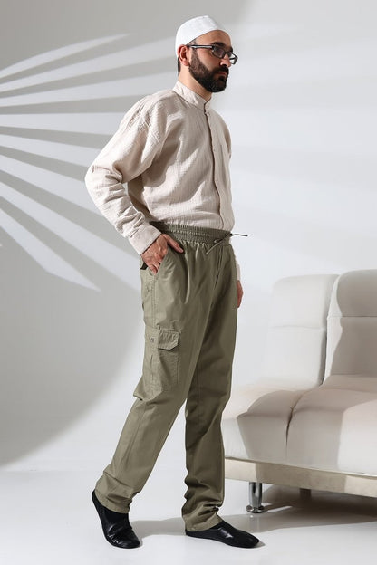 Men's Çınar Side Pocket, Elastic Waist Hajj and Umrah Cargo Pants, Green - ihvan