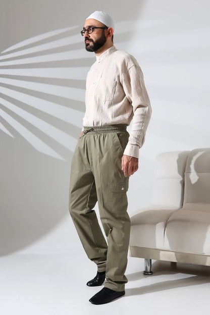 Men's Çınar Side Pocket, Elastic Waist Hajj and Umrah Cargo Pants, Green - ihvan