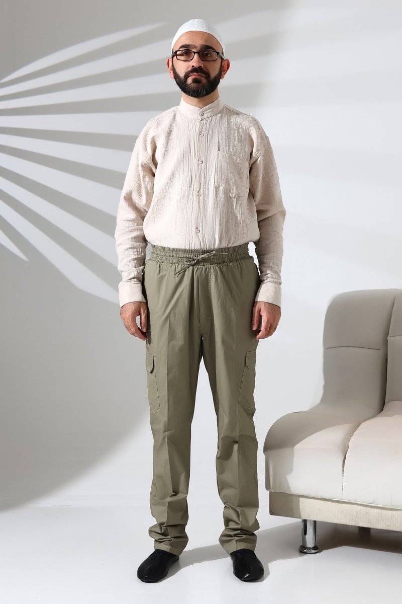 Men's Çınar Side Pocket, Elastic Waist Hajj and Umrah Cargo Pants, Green - ihvan