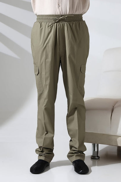 Men's Çınar Side Pocket, Elastic Waist Hajj and Umrah Cargo Pants, Green - ihvan