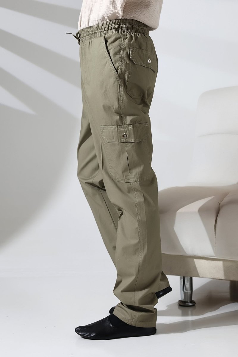 Men's Çınar Side Pocket, Elastic Waist Hajj and Umrah Cargo Pants, Green - ihvan