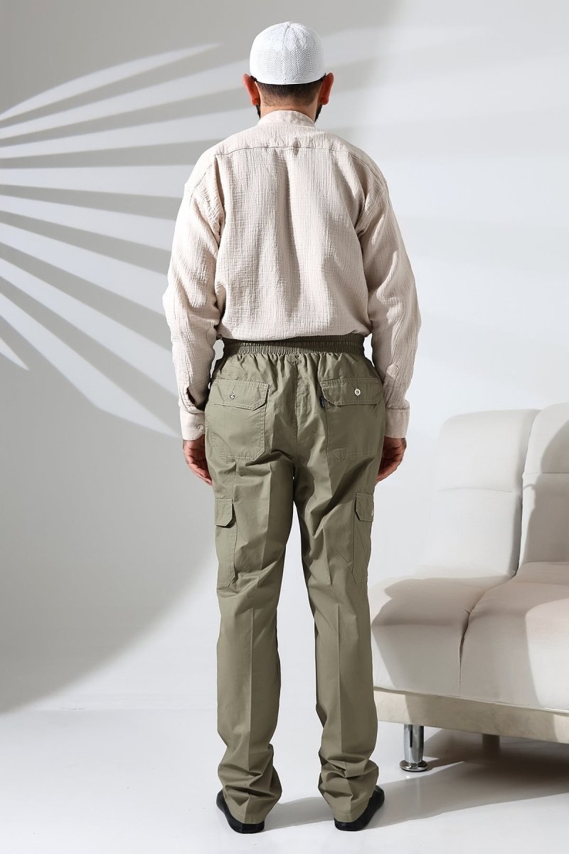 Men's Çınar Side Pocket, Elastic Waist Hajj and Umrah Cargo Pants, Green - ihvan