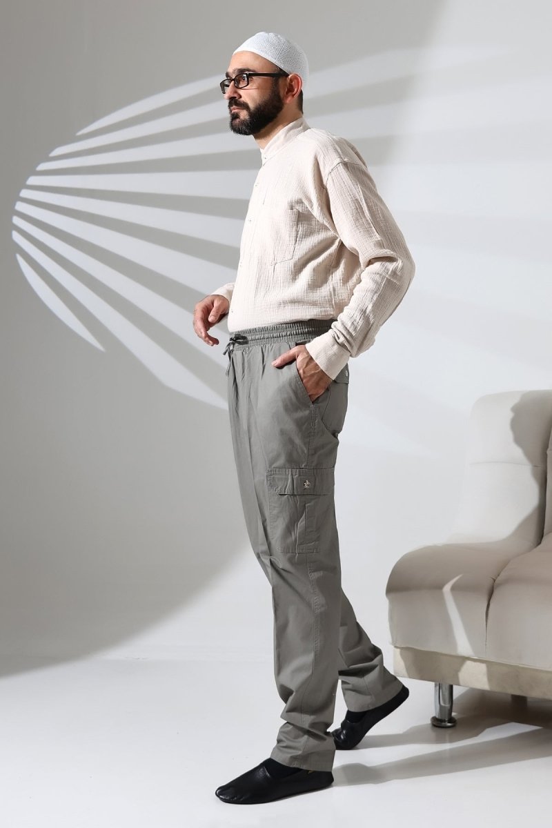 Men's Çınar Side Pocket, Elastic Waist Hajj and Umrah Cargo Pants, Grey - ihvan