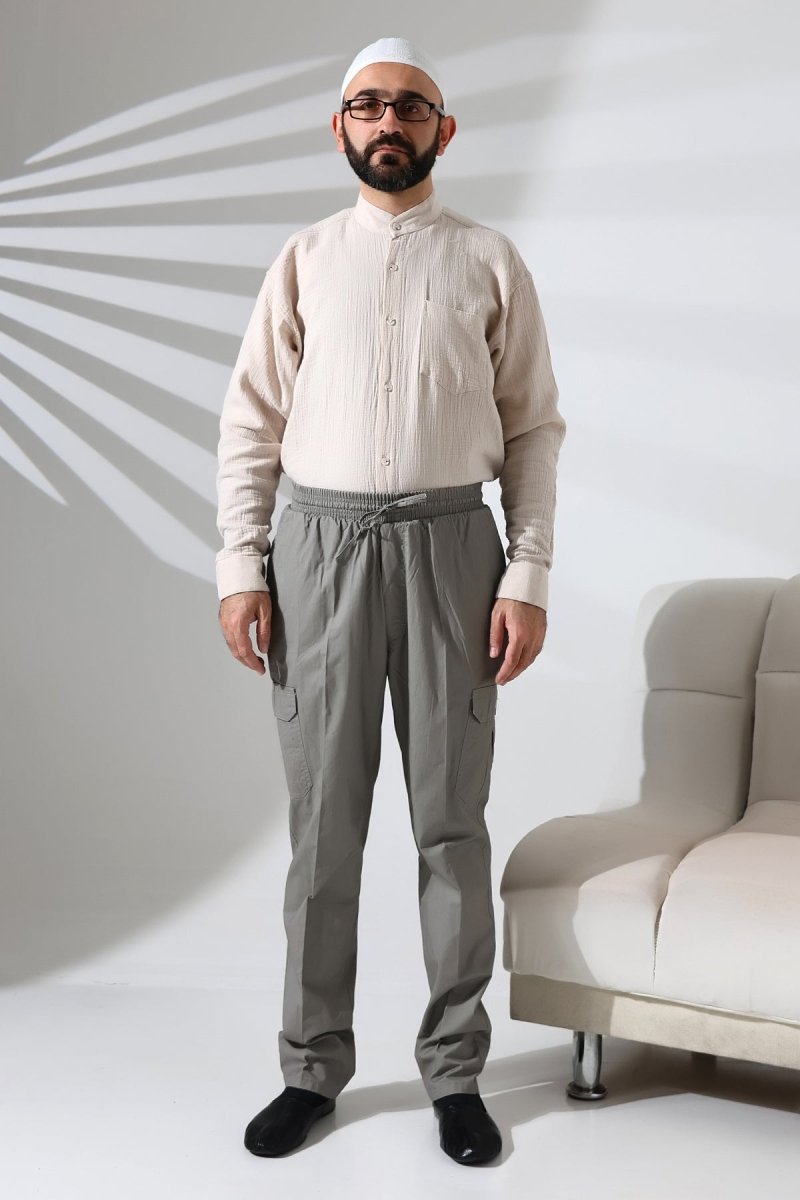 Men's Çınar Side Pocket, Elastic Waist Hajj and Umrah Cargo Pants, Grey - ihvan