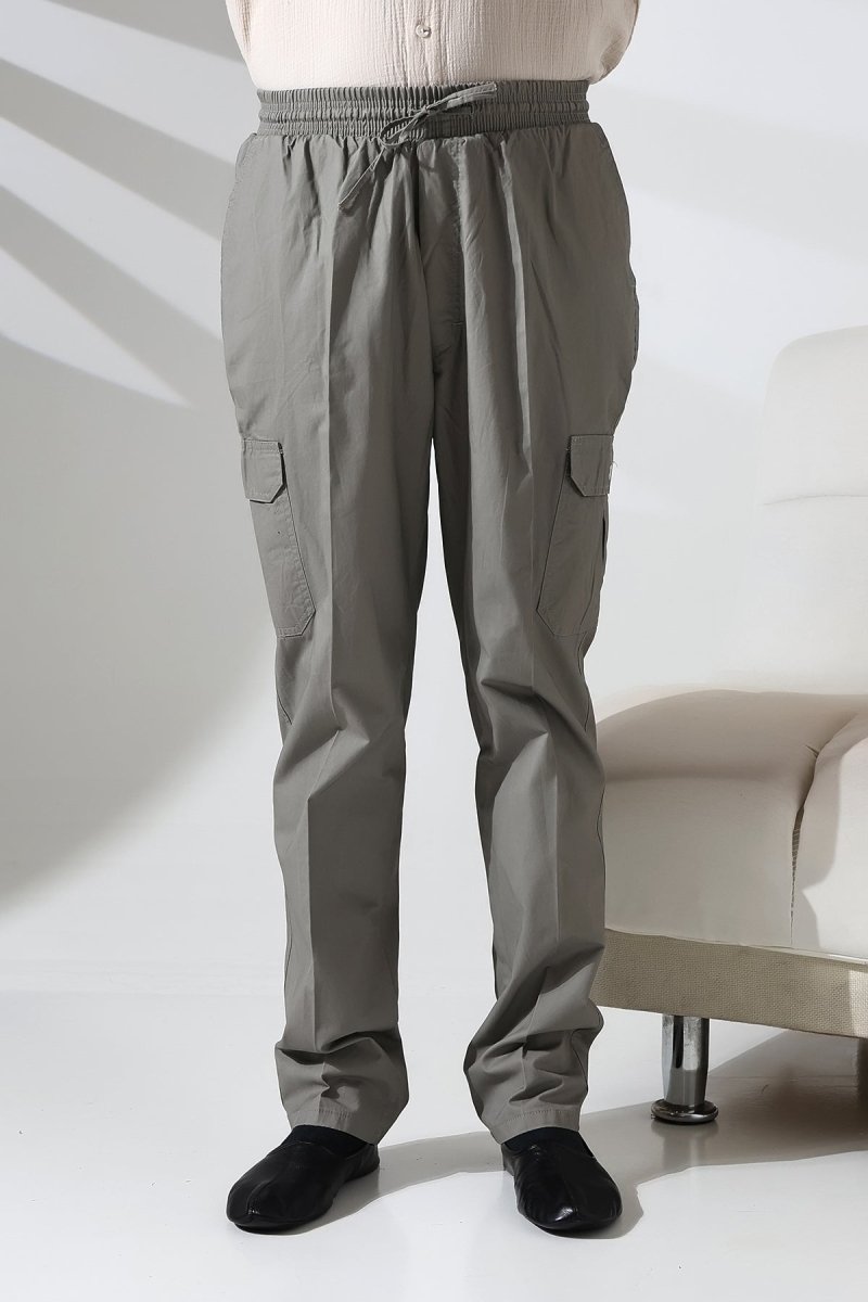 Men's Çınar Side Pocket, Elastic Waist Hajj and Umrah Cargo Pants, Grey - ihvan
