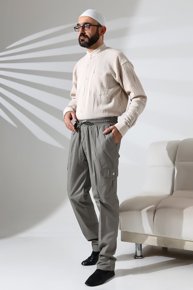Men's Çınar Side Pocket, Elastic Waist Hajj and Umrah Cargo Pants, Grey - ihvan