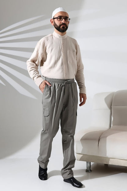 Men's Çınar Side Pocket, Elastic Waist Hajj and Umrah Cargo Pants, Grey - ihvan