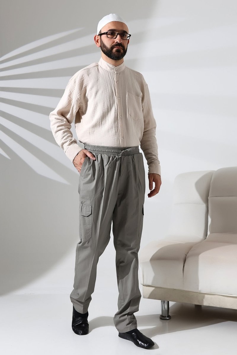 Men's Çınar Side Pocket, Elastic Waist Hajj and Umrah Cargo Pants, Grey - ihvan