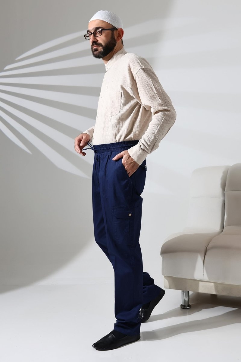 Men's Çınar Side Pocket, Elastic Waist Hajj and Umrah Cargo Pants, Navy Blue - ihvan
