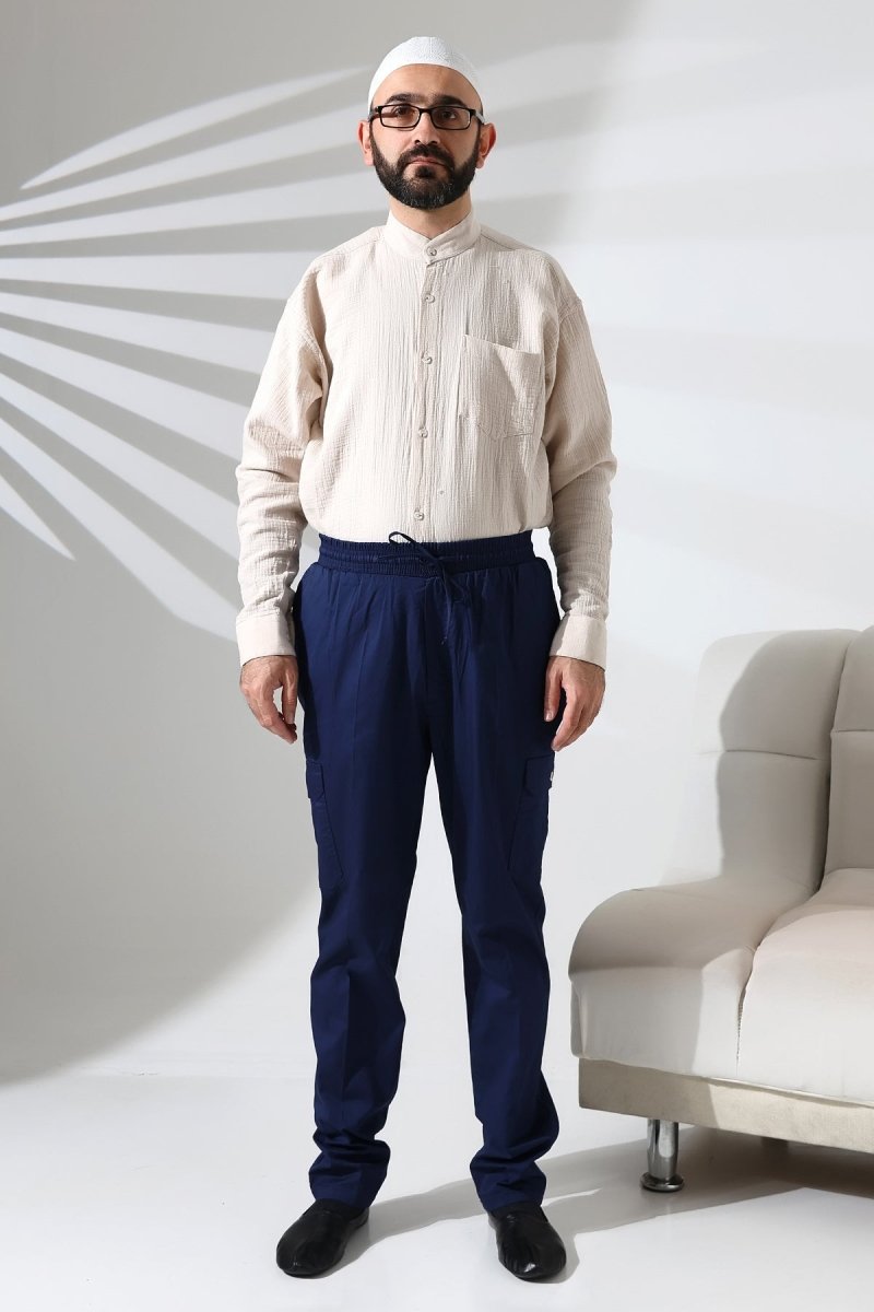 Men's Çınar Side Pocket, Elastic Waist Hajj and Umrah Cargo Pants, Navy Blue - ihvan