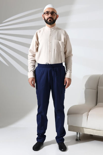 Men's Çınar Side Pocket, Elastic Waist Hajj and Umrah Cargo Pants, Navy Blue - ihvan