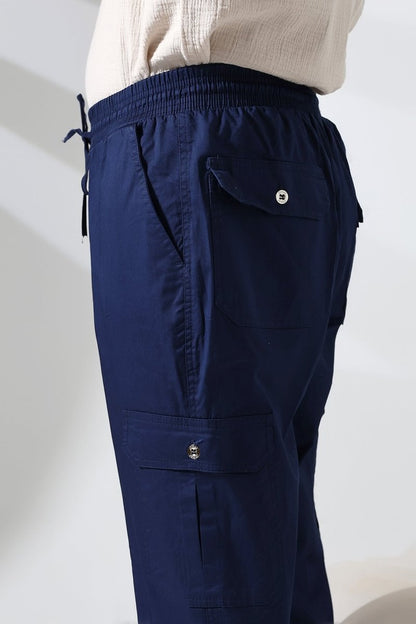 Men's Çınar Side Pocket, Elastic Waist Hajj and Umrah Cargo Pants, Navy Blue - ihvan