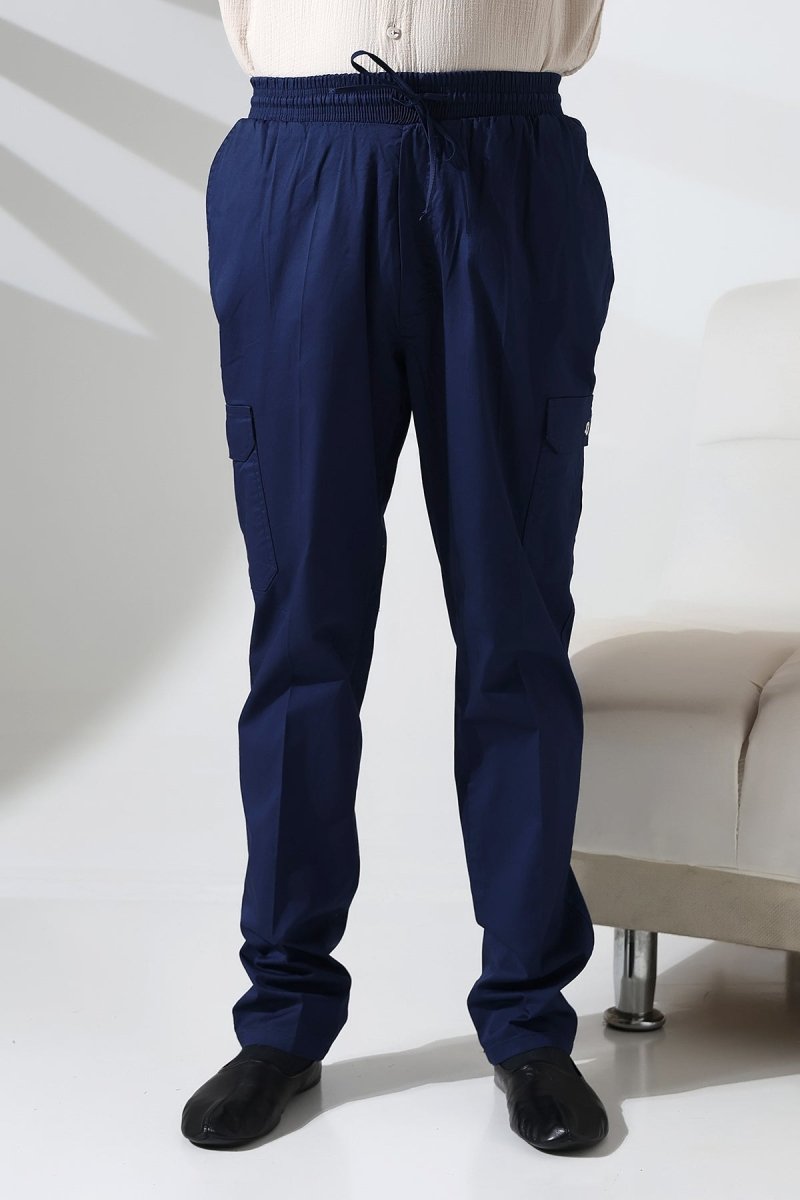 Men's Çınar Side Pocket, Elastic Waist Hajj and Umrah Cargo Pants, Navy Blue - ihvan