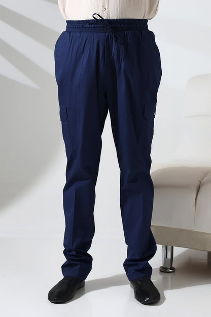 Men's Çınar Side Pocket, Elastic Waist Hajj and Umrah Cargo Pants, Navy Blue - ihvan
