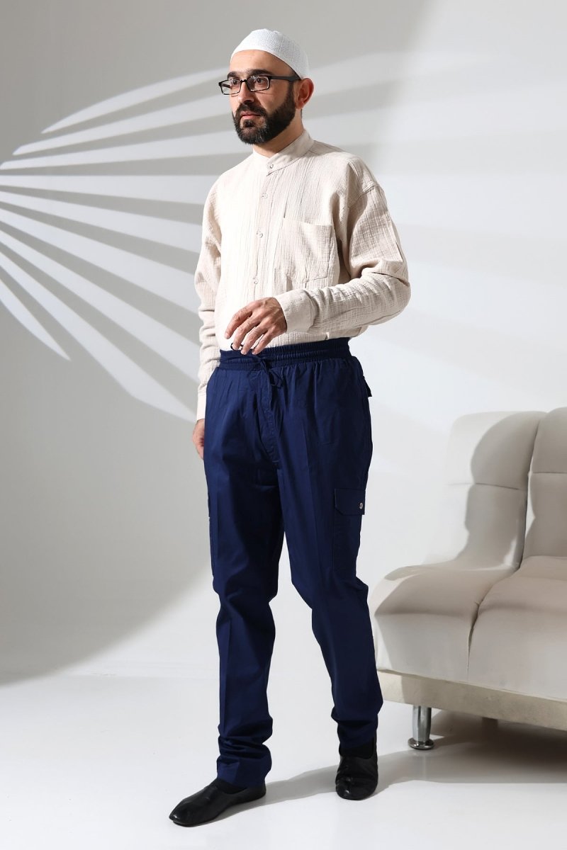 Men's Çınar Side Pocket, Elastic Waist Hajj and Umrah Cargo Pants, Navy Blue - ihvan