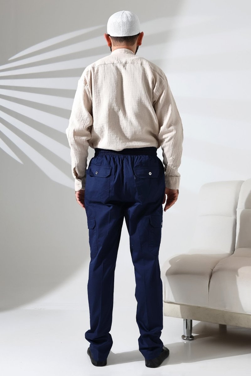 Men's Çınar Side Pocket, Elastic Waist Hajj and Umrah Cargo Pants, Navy Blue - ihvan
