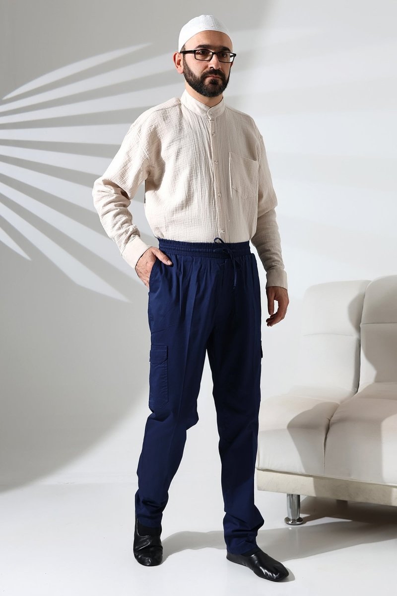 Men's Çınar Side Pocket, Elastic Waist Hajj and Umrah Cargo Pants, Navy Blue - ihvan