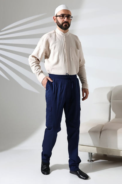 Men's Çınar Side Pocket, Elastic Waist Hajj and Umrah Cargo Pants, Navy Blue - ihvan