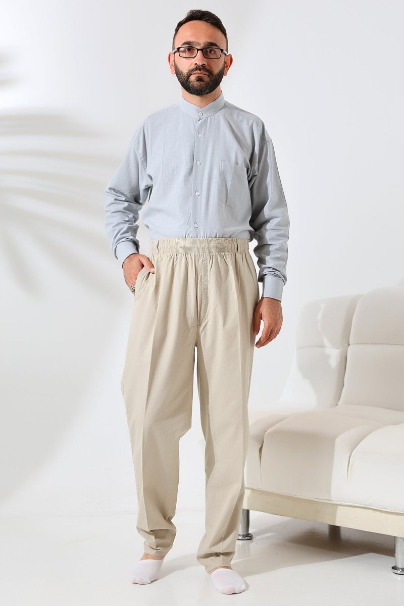 Men's Cream Comfortable Fit Linen Hajj and Umrah Harem Pants with Elastic Waistband - ihvan