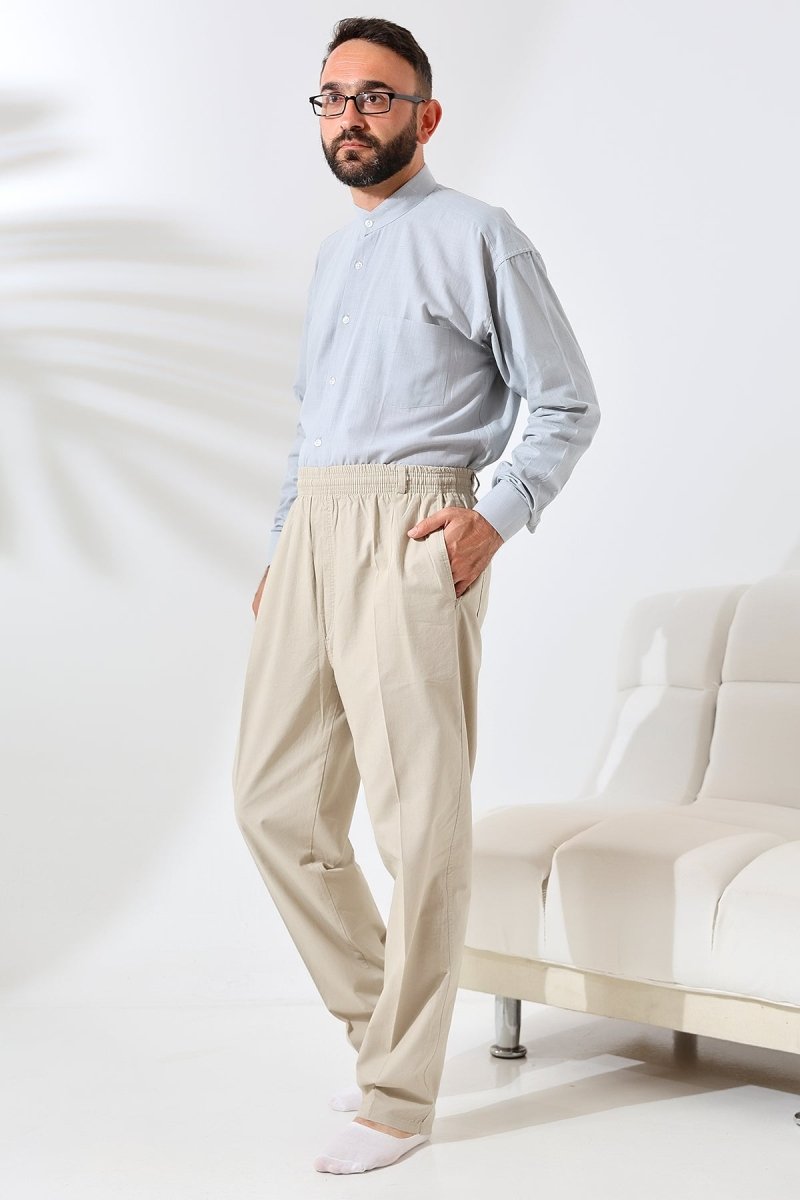 Men's Cream Comfortable Fit Linen Hajj and Umrah Harem Pants with Elastic Waistband - ihvan