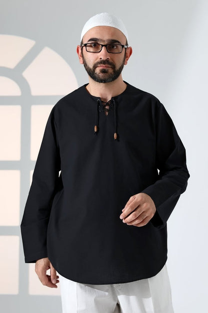 Men's Crew Neck, Drawstring, Long-Sleeved Linen Shirt, Black - ihvan