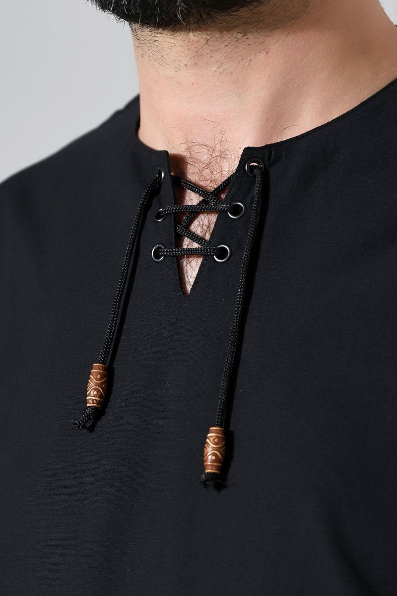 Men's Crew Neck, Drawstring, Long-Sleeved Linen Shirt, Black - ihvan
