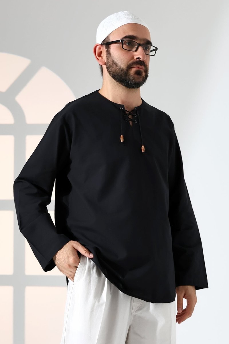 Men's Crew Neck, Drawstring, Long-Sleeved Linen Shirt, Black - ihvan