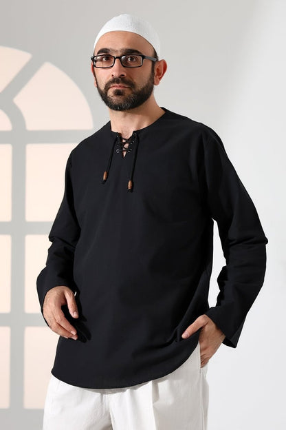 Men's Crew Neck, Drawstring, Long-Sleeved Linen Shirt, Black - ihvan