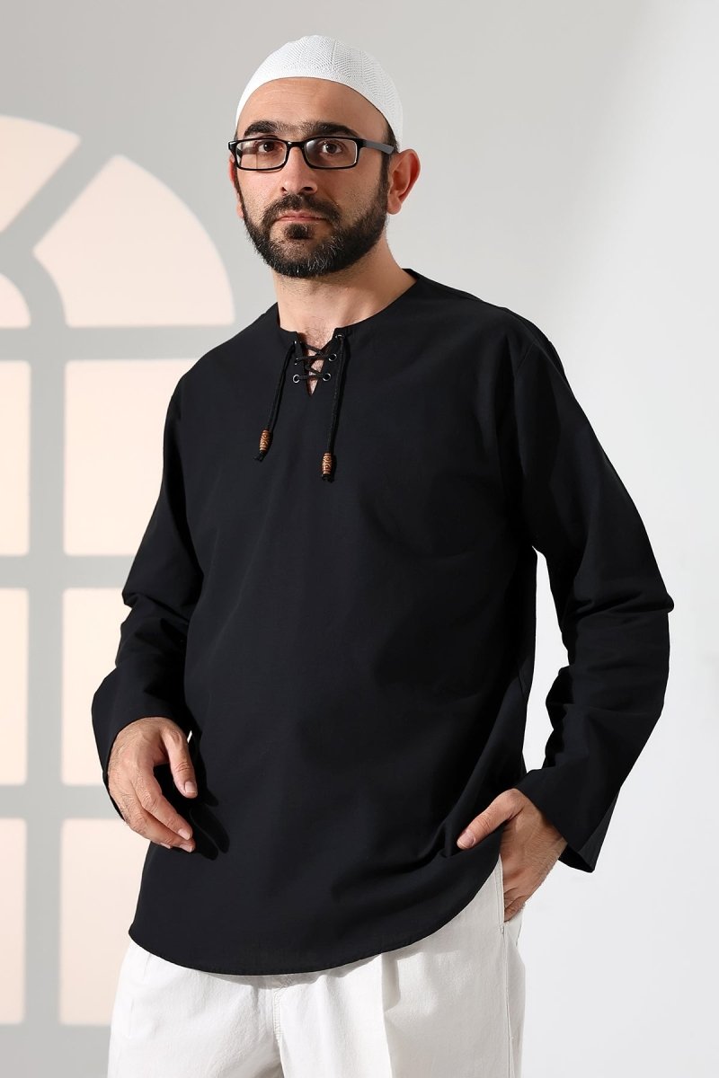 Men's Crew Neck, Drawstring, Long-Sleeved Linen Shirt, Black - ihvan
