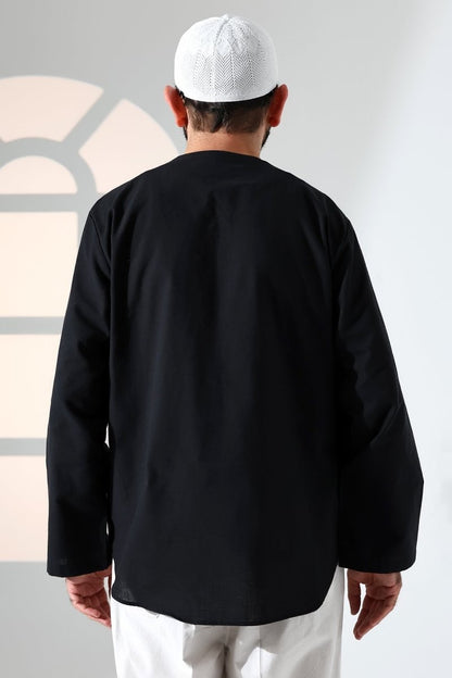 Men's Crew Neck, Drawstring, Long-Sleeved Linen Shirt, Black - ihvan