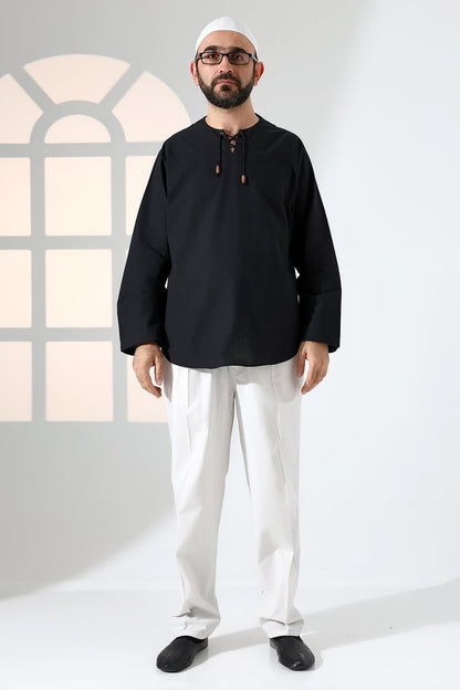 Men's Crew Neck, Drawstring, Long-Sleeved Linen Shirt, Black - ihvan