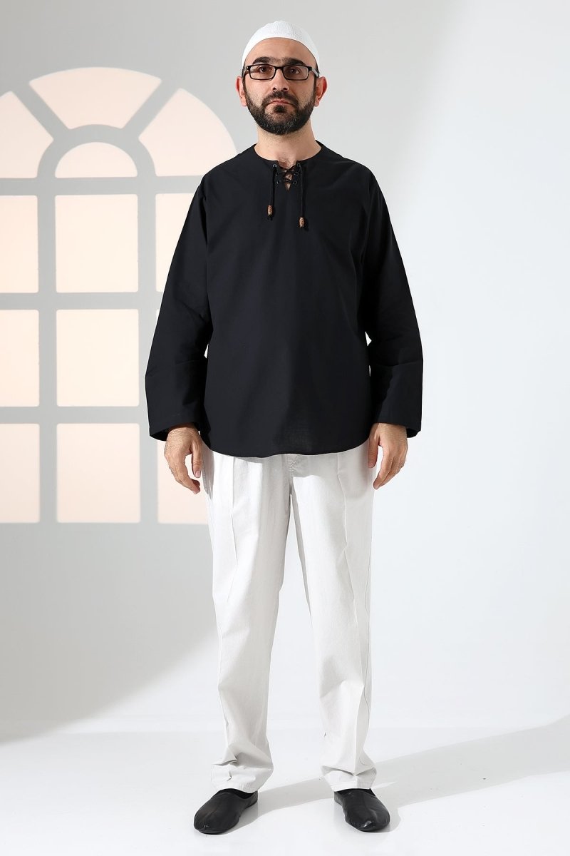 Men's Crew Neck, Drawstring, Long-Sleeved Linen Shirt, Black - ihvan
