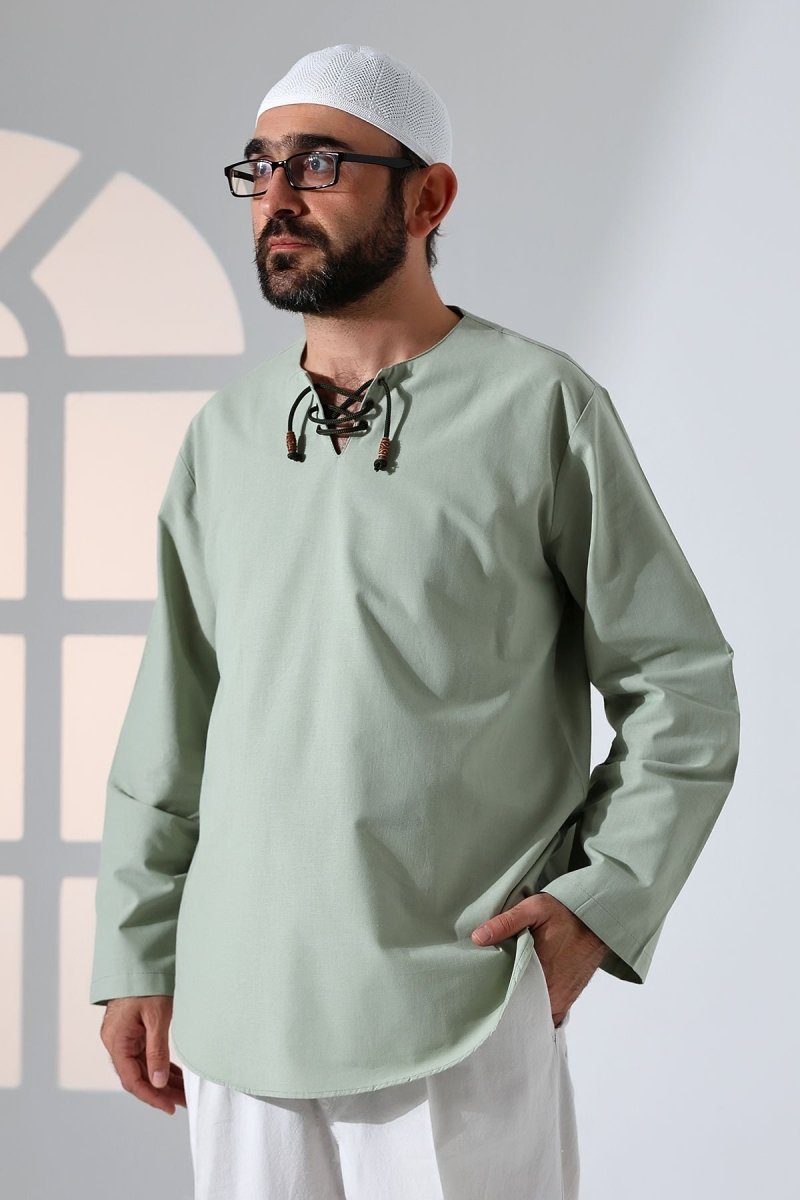 Men's Crew Neck, Drawstring, Long-Sleeved Linen Shirt, Green - ihvan