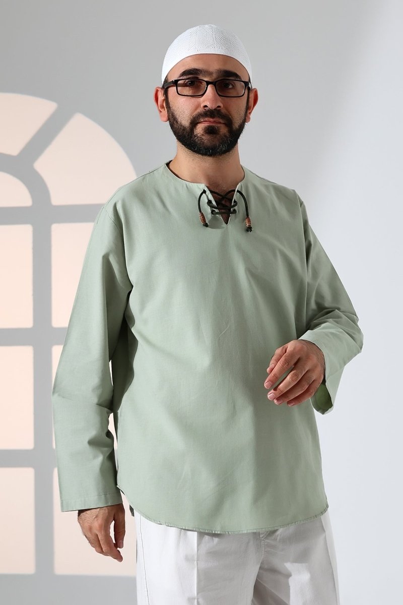 Men's Crew Neck, Drawstring, Long-Sleeved Linen Shirt, Green - ihvan