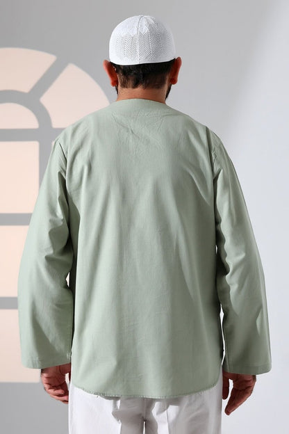 Men's Crew Neck, Drawstring, Long-Sleeved Linen Shirt, Green - ihvan