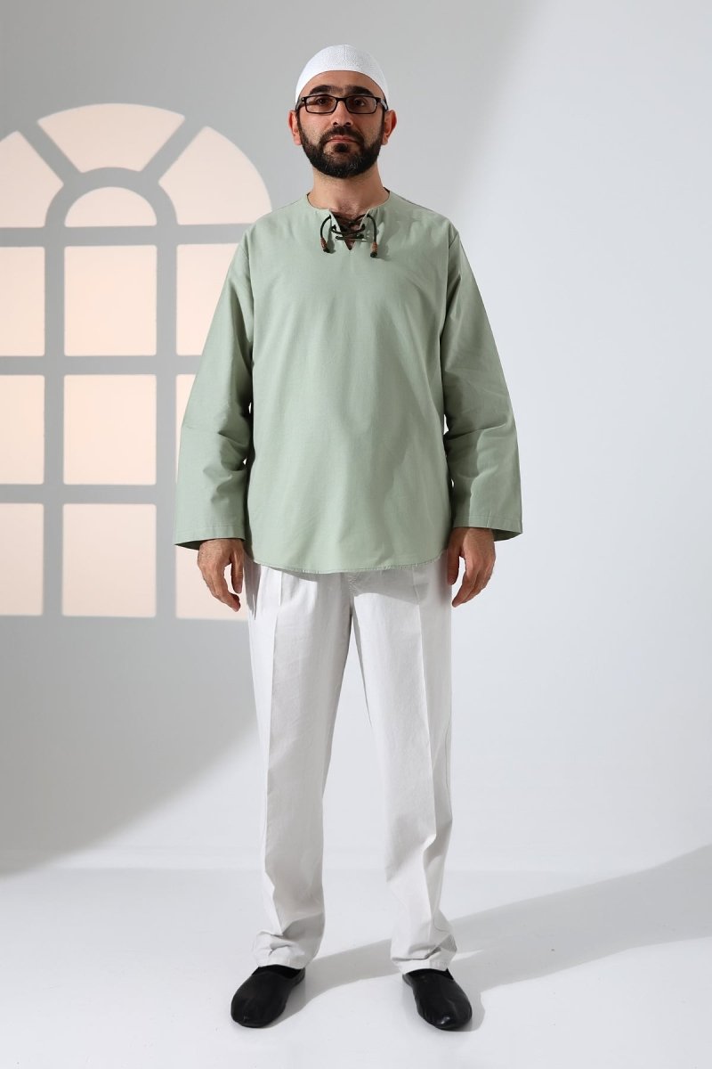 Men's Crew Neck, Drawstring, Long-Sleeved Linen Shirt, Green - ihvan