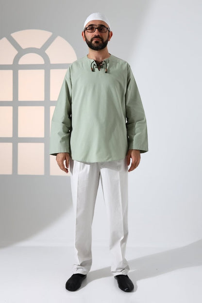 Men's Crew Neck, Drawstring, Long-Sleeved Linen Shirt, Green - ihvan