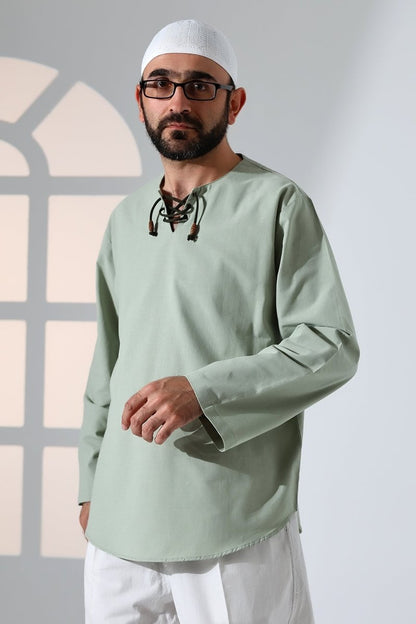 Men's Crew Neck, Drawstring, Long-Sleeved Linen Shirt, Green - ihvan