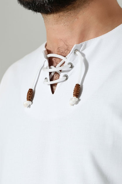 Men's Crew Neck, Drawstring, Long-Sleeved Linen Shirt, White - ihvan