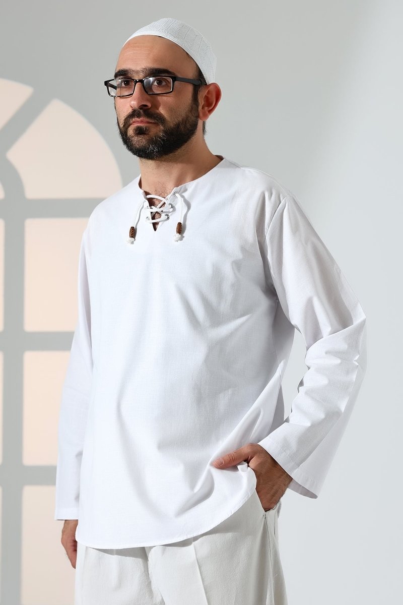 Men's Crew Neck, Drawstring, Long-Sleeved Linen Shirt, White - ihvan