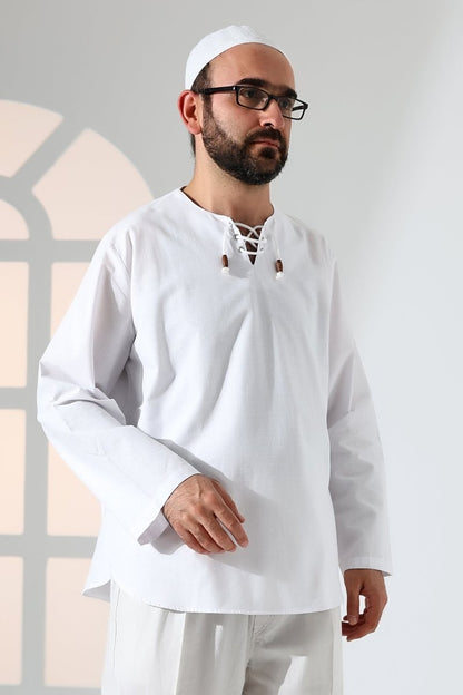 Men's Crew Neck, Drawstring, Long-Sleeved Linen Shirt, White - ihvan