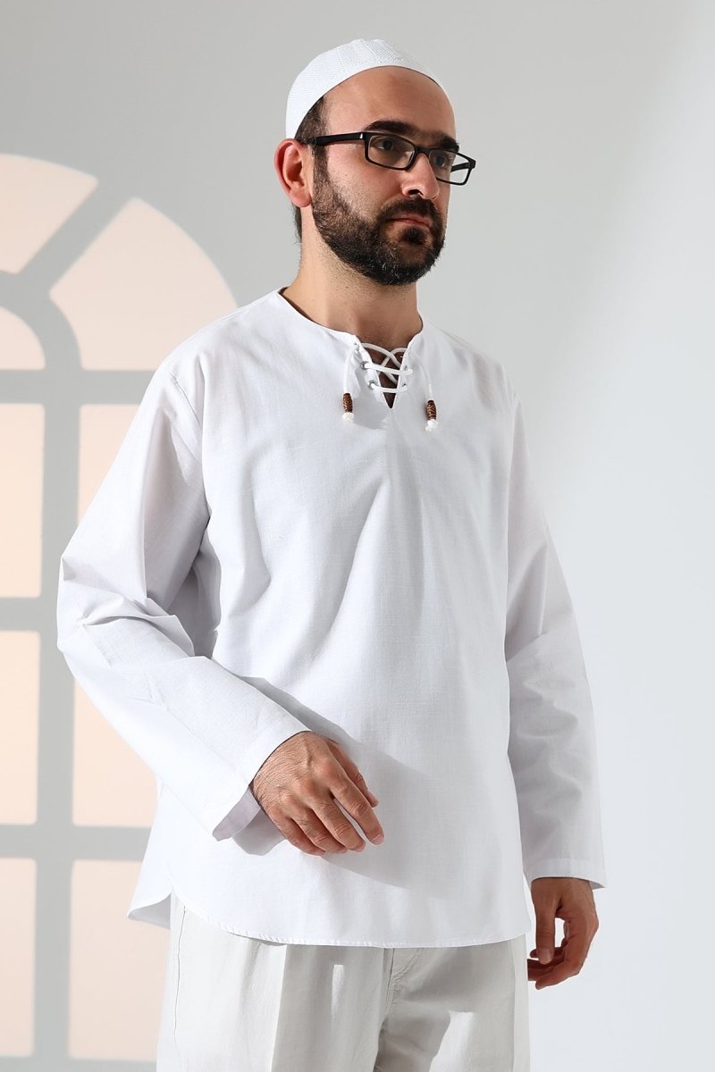 Men's Crew Neck, Drawstring, Long-Sleeved Linen Shirt, White - ihvan