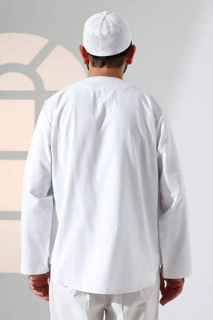Men's Crew Neck, Drawstring, Long-Sleeved Linen Shirt, White - ihvan