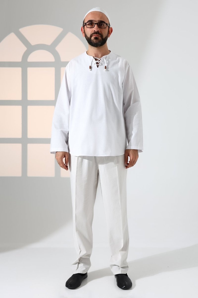 Men's Crew Neck, Drawstring, Long-Sleeved Linen Shirt, White - ihvan