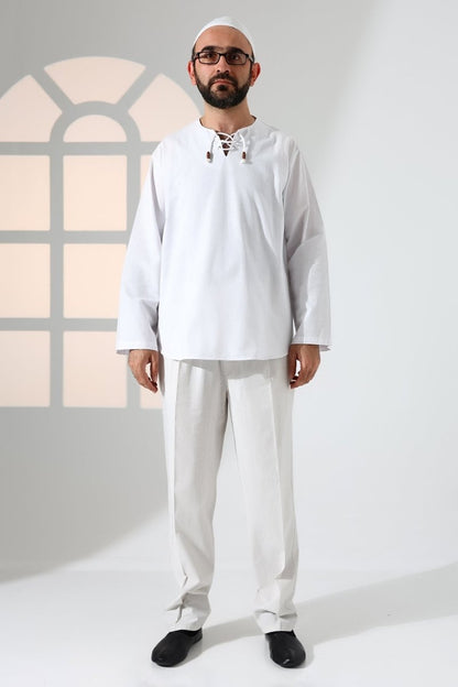 Men's Crew Neck, Drawstring, Long-Sleeved Linen Shirt, White - ihvan