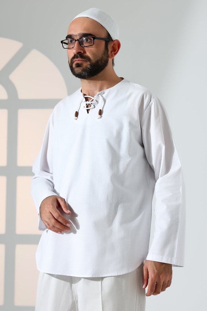 Men's Crew Neck, Drawstring, Long-Sleeved Linen Shirt, White - ihvan