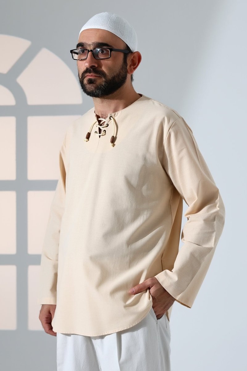 Men's Crew Neck, Lace-Up, Long-Sleeved Linen Shirt, Cream - ihvan